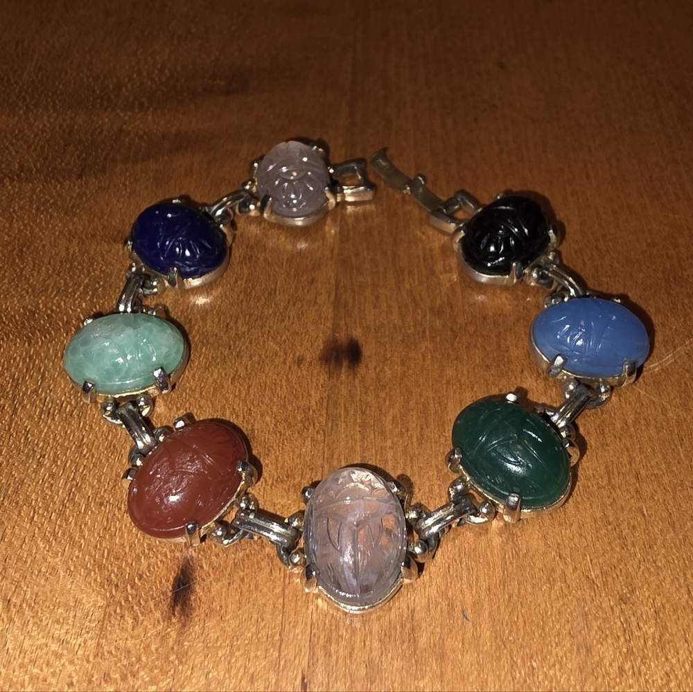 Mid Century Egyptian Revival Gemstone Scarab Bracelet.